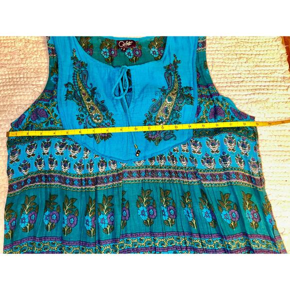 NWOT TURQUOISE SLEEVELESS BLOCK PRINT HIPPIE BOHO MAXI DRESS COTTON GAUZE - Picture 4 of 11